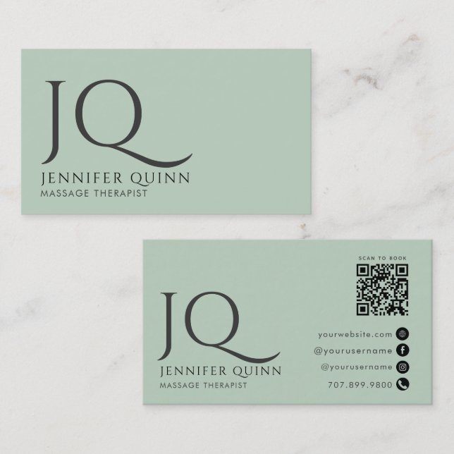Minimalistisk massageterapeutmonogram QR-kod Visitkort (Fram/baksida)