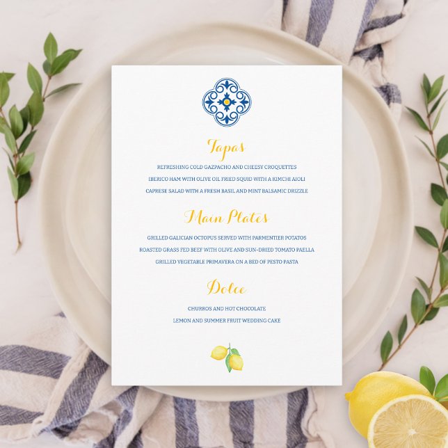 Minimalistisk Medelhavsstil Kakel Citron Bröllop Meny (Skapare uppladdad)