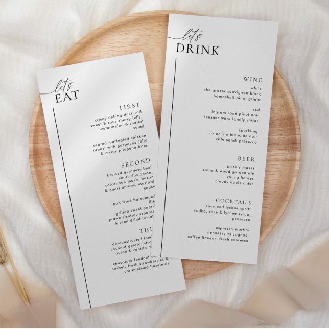 Minimalistisk menu Bröllop och Drinks Menu LAYLA Meny (LAYLA | Wedding Menus Double Sided | Food and Drinks Menu)