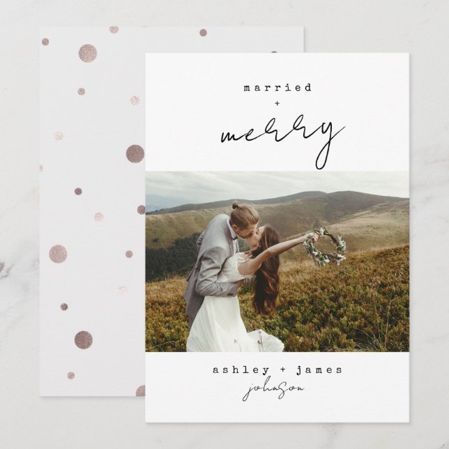 Minimalistisk Merry & Married julfoto-Helgdag Julkort (Fram/baksida)