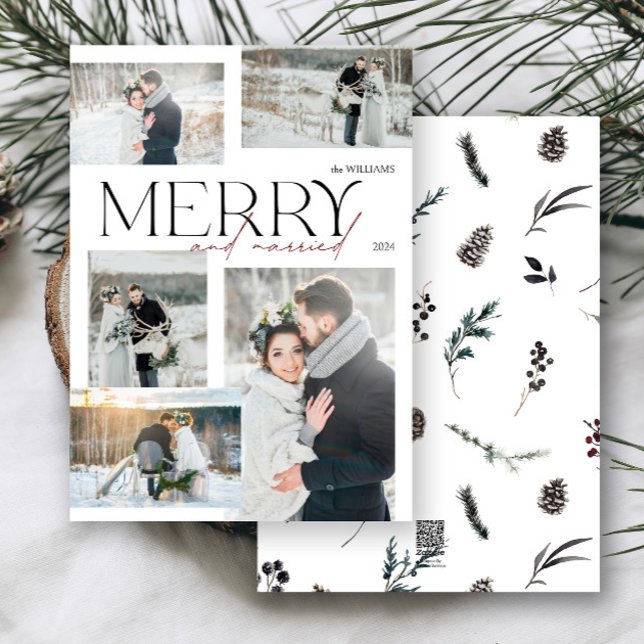 Minimalistisk merry och gift Newlyweds 5 Photo Julkort (Merry & married! Celebrate your first holiday as newlyweds with this elegant photo card.)