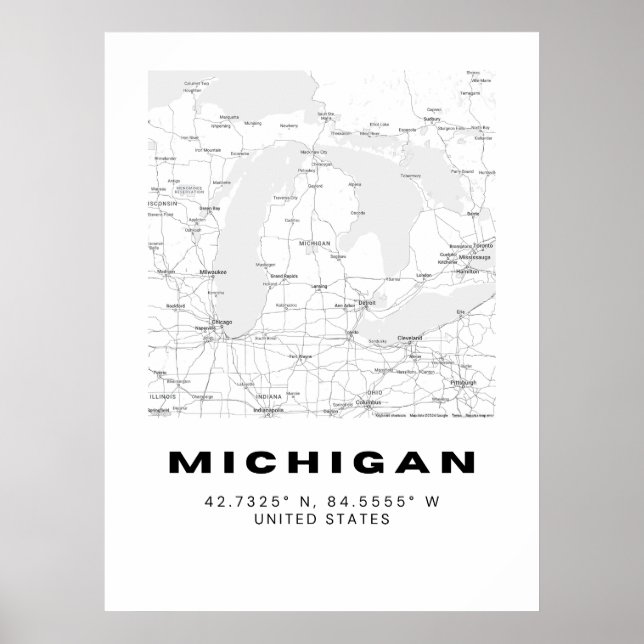 Minimalistisk Michigan Karta Art - svart och vit f Poster (Framsidan)