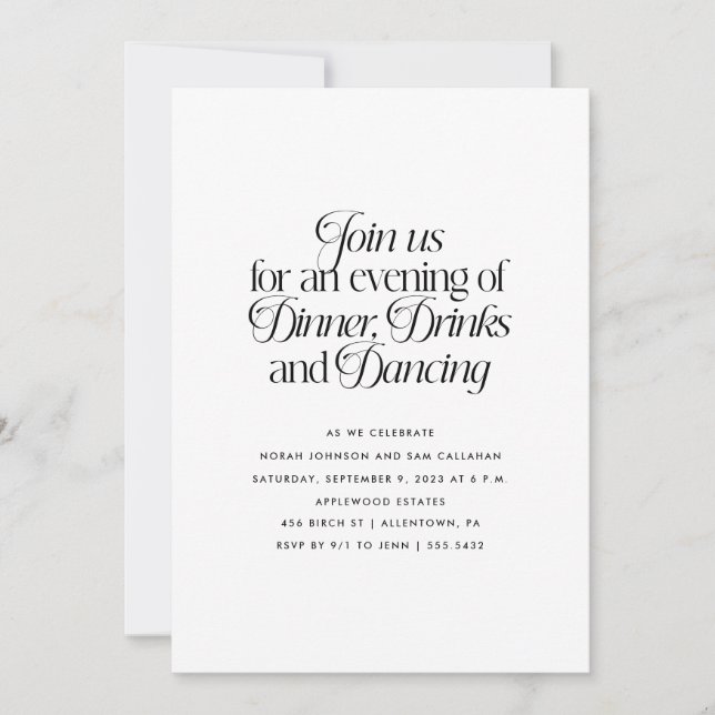 Minimalistisk middag, drycker och danskning inbjudningar (Framsida)