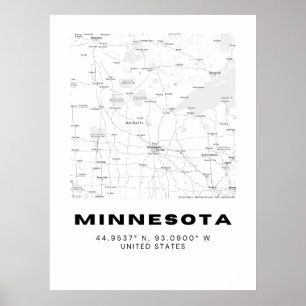 Minimalistisk Minnesota Karta Art - Svarta och vit Poster