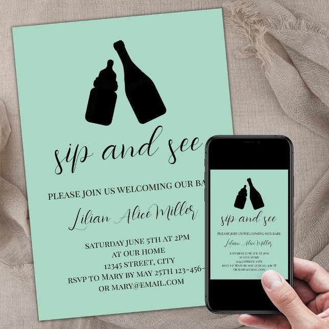 Minimalistisk Mint Flaska Champagne Sip och se Inbjudningar (Minimalist sip and see invitation, baby bottle and champagne bottle silhouettes, calligraphy script)