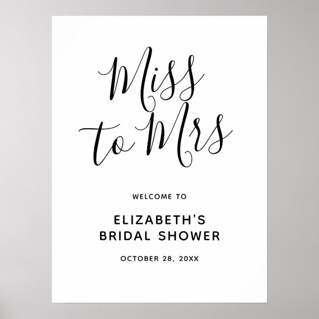 Minimalistisk Miss to Mrs bröllopsdusch välkomstsk Poster (Framsidan)