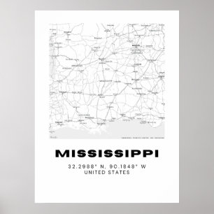Minimalistisk Mississippi Karta Art - Svartvit Poster
