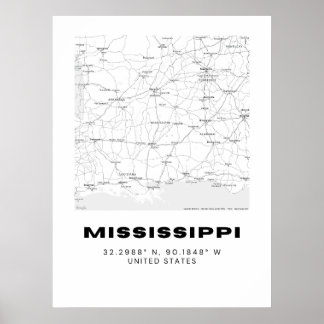 Minimalistisk Mississippi Karta Art - Svartvit Poster