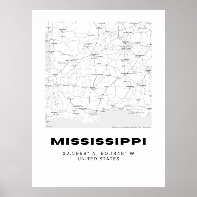 Minimalistisk Mississippi Karta Art - Svartvit Poster (Framsidan)
