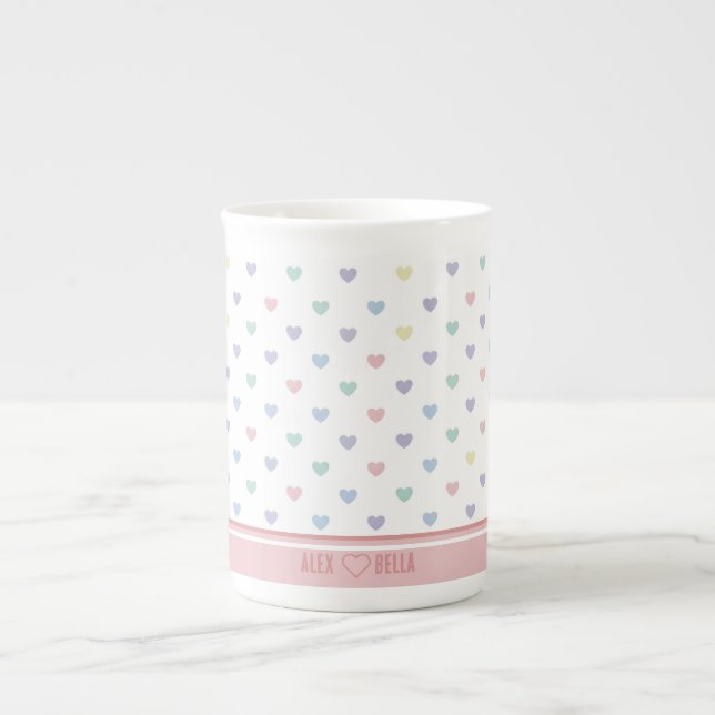 Minimalistisk mjuk pastell hjärtmönster parnamn benporslin mugg (Framsidan)
