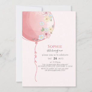 Minimalistisk mjuk Rosa Ballon Baby 1 födelsedag Inbjudningar