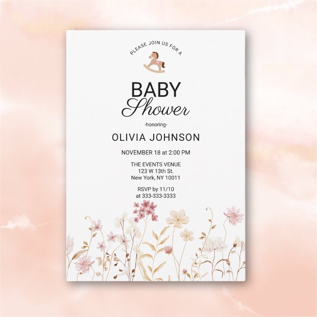 Minimalistisk mjuk rosa blomster- babyshower inbjudningar (Skapare uppladdad)