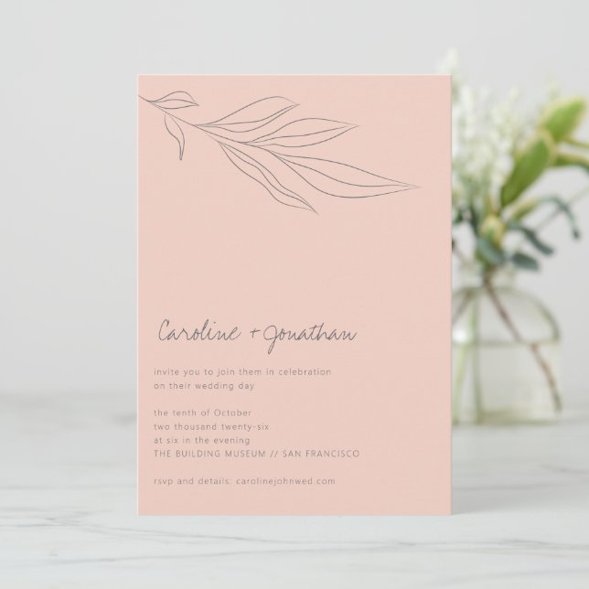 Minimalistisk mjuk Rosa Boho Botanical Line Bröllo Inbjudningar (Stående Fram)