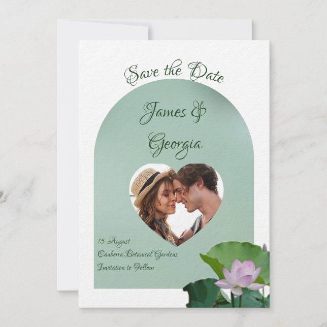 Minimalistisk mjuk rosa och grönt-lotus sparar dat inbjudningar (Framsida)