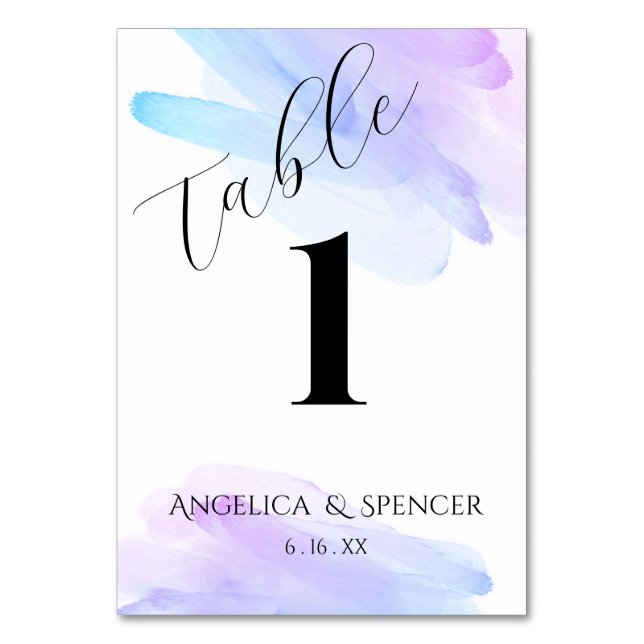 minimalistisk modern akvarell blå och lila bordsnummer (Framsidan)