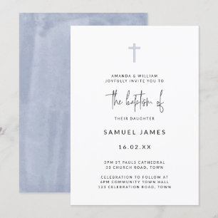 Minimalistisk modern akvarell handskriven blå dop inbjudningar