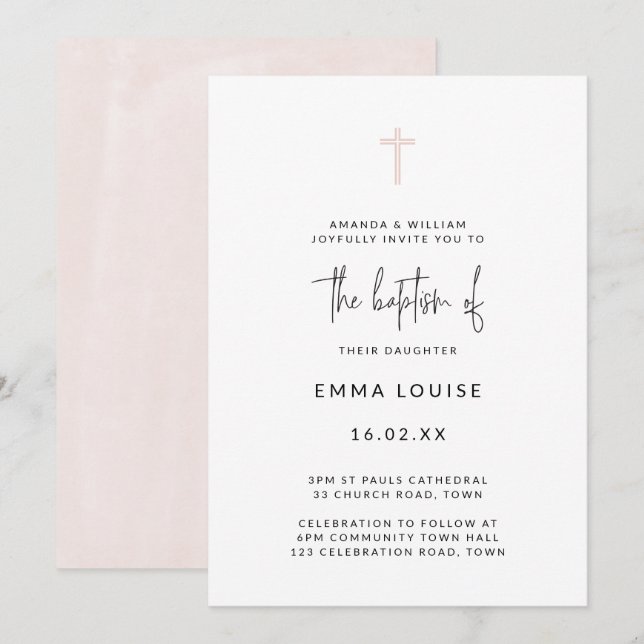 Minimalistisk modern akvarell handskriven dop inbjudningar (Fram/baksida)