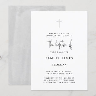 Minimalistisk modern akvarell handskriven grå dop inbjudningar