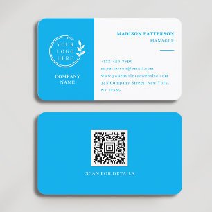 Minimalistisk modern Azure Blue White Logotyp QR-k Visitkort