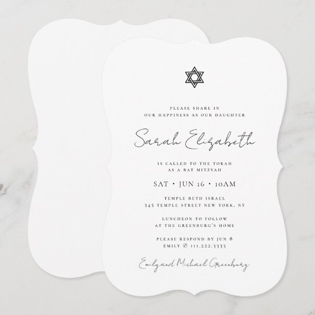 Minimalistisk modern Bat mitzvah David-stjärna Inbjudningar (Fram/baksida)