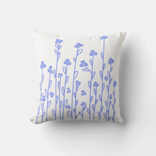 Minimalistisk modern blå vit doodle-blommigt kudde (Framsida)