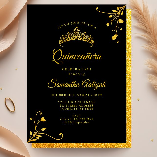 Minimalistisk Modern Black Golden Quinceanera Inbjudningar (Skapare uppladdad)