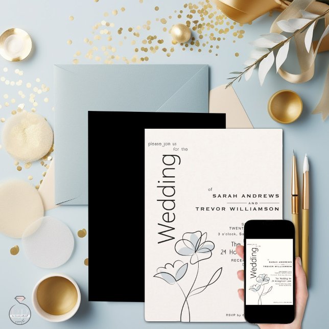 Minimalistisk Modern Blommigt Dusty Blue och Buff Inbjudningar (Skapare uppladdad)
