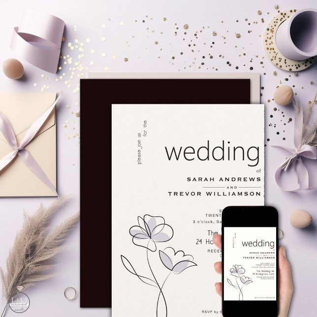 Minimalistisk Modern Blommigt Dusty Plum och Buff Inbjudningar (Skapare uppladdad)