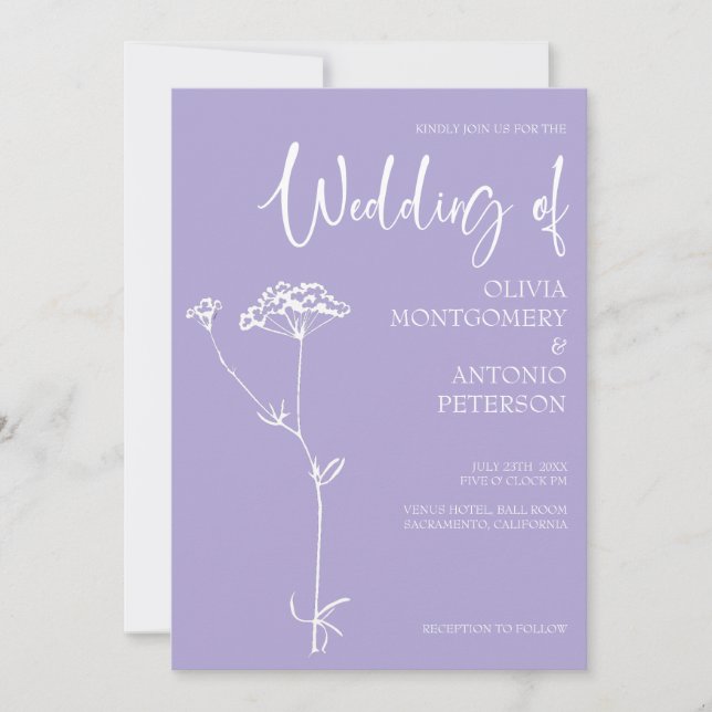 Minimalistisk modern Blommigt Lavender Violet Bröl Inbjudningar (Framsida)