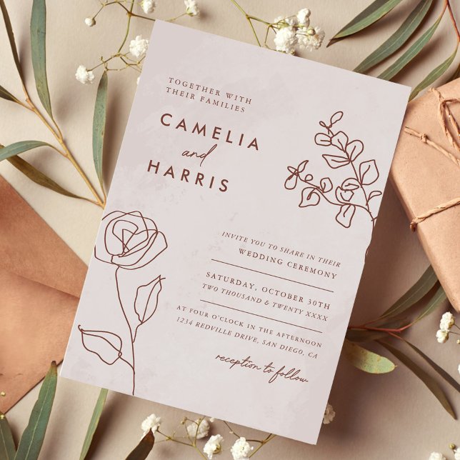 Minimalistisk Modern Blommigt Sketch Elegant bröll Inbjudningar (Skapare uppladdad)