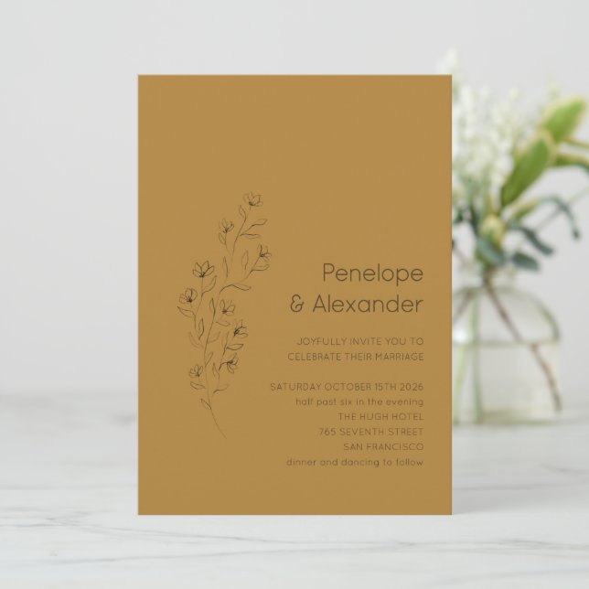 Minimalistisk Modern Blommigt Sketch Mustard Bröll Inbjudningar (Stående Fram)