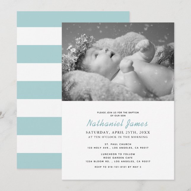 Minimalistisk Modern Blue Rand Boy Photo Baptism Inbjudningar (Fram/baksida)