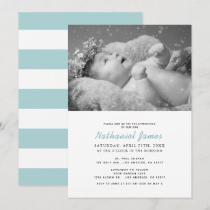 Minimalistisk Modern Blue Rand Photo Christening Inbjudningar