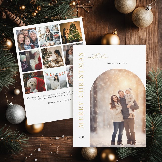 Minimalistisk Modern Boho Arch Photo Julfamilj Julkort (family christmas card photo collage modern minimalist boho arch elegant stylish classy faux gold)