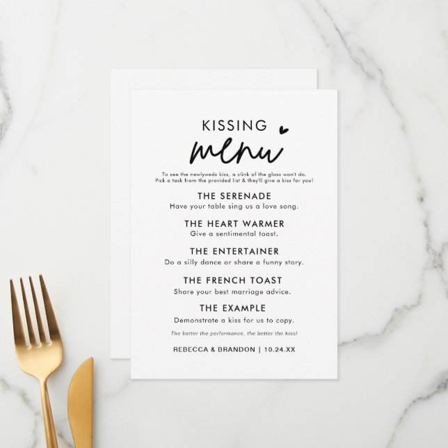 Minimalistisk Modern Bröllop Kissing Menu Meny (Fram/Back In Situ)