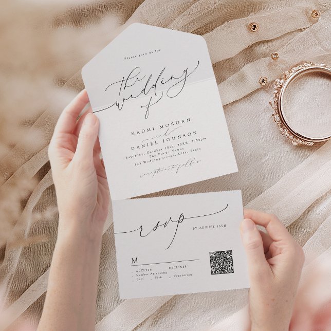 Minimalistisk Modern Chic Script Elegant Bröllop (Minimalist Modern Chic Script Elegant Wedding All In One Invitation)