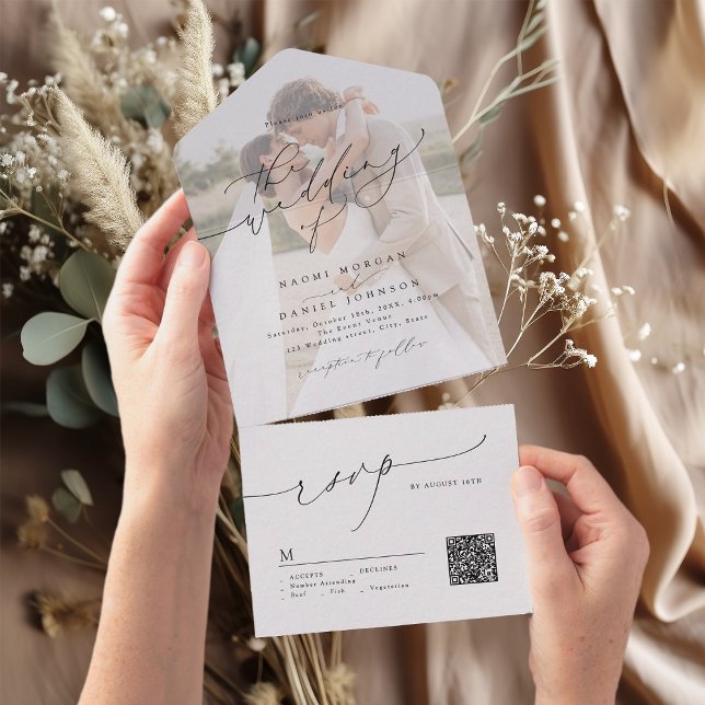 Minimalistisk Modern Chic Script Elegant Bröllop A (Minimalist Modern Chic Script Elegant Wedding All In One Invitation)