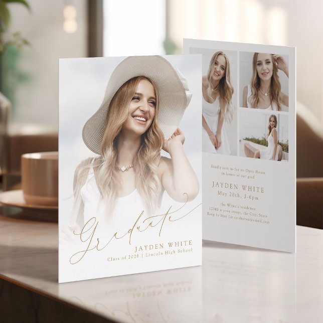 Minimalistisk Modern Chic-skript, foto Studenten Inbjudningar (Minimalist Modern Chic Script Photo Graduation Invitation)