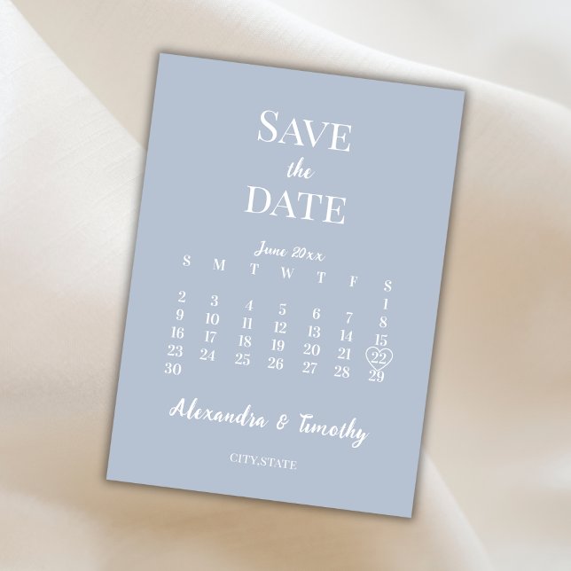 Minimalistisk Modern Dammtigt Blå Kalender Bröllop Spara Datumet (Minimalist Modern Dusty Blue Calendar Wedding Save The Date)