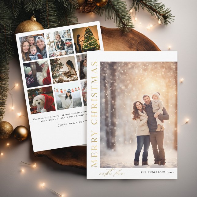 Minimalistisk Modern Elegant Photo Julfamilj Julkort (family christmas card photo collage modern minimalist elegant stylish classy faux gold)