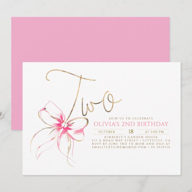 Minimalistisk Modern Elegant Rosa Båge 2-års Födel Inbjudningar (Fram/baksida)