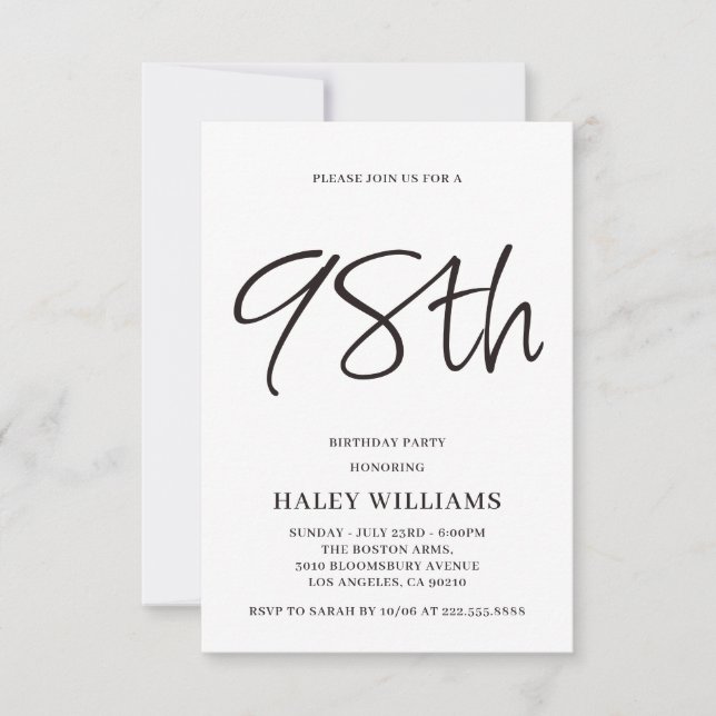 Minimalistisk modern enkel calligrafi 98:e födelse inbjudningar (Framsida)