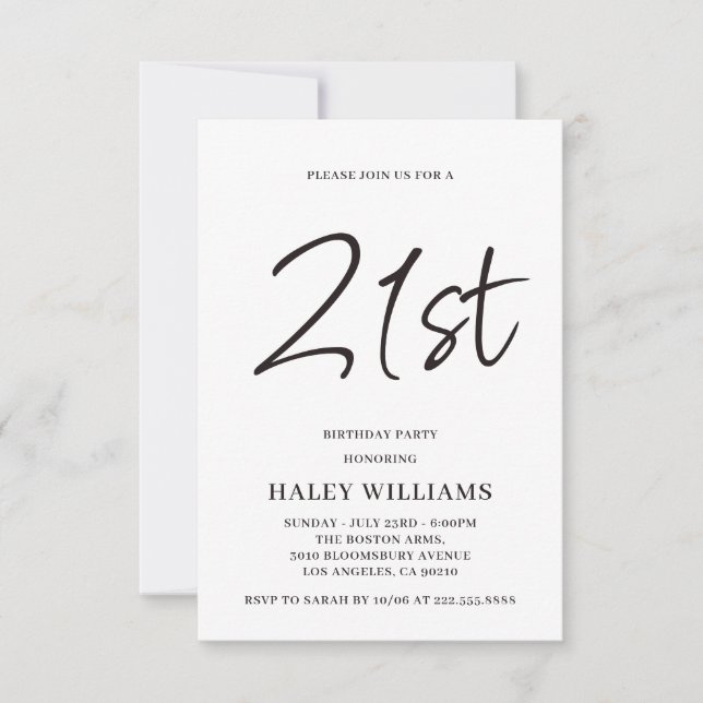 Minimalistisk Modern Enkel Kalligrafi 21-årsdag Inbjudningar (Framsida)