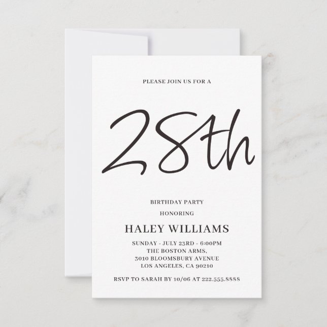 Minimalistisk Modern Enkel Kalligrafi 28-årsdag Inbjudningar (Framsida)