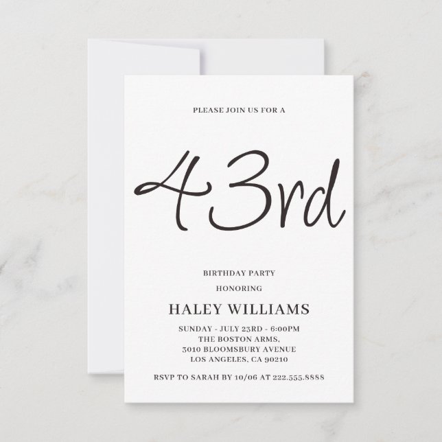 Minimalistisk Modern Enkel Kalligrafi 43-årsdag Inbjudningar (Framsida)
