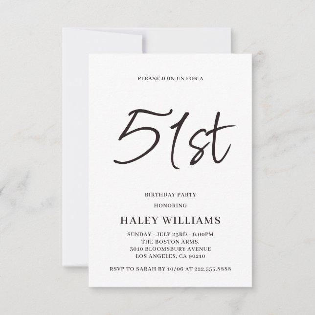 Minimalistisk Modern Enkel Kalligrafi 51-årsdag Inbjudningar (Framsida)