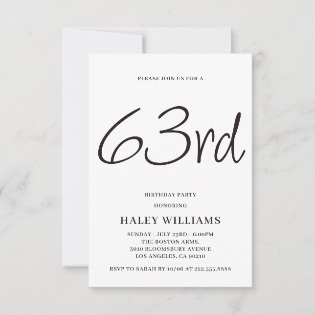 Minimalistisk Modern Enkel Kalligrafi 63-årsdag Inbjudningar (Framsida)