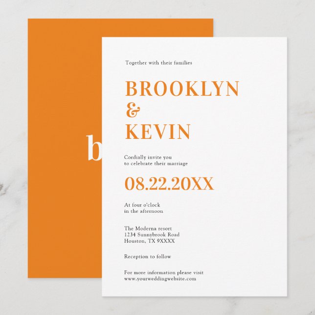 Minimalistisk, modern, enkel Orange-bröllop-inbjud Inbjudningar (Fram/baksida)