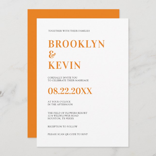 Minimalistisk modern enkel Orange Bröllop | QR-kod Inbjudningar (Fram/baksida)