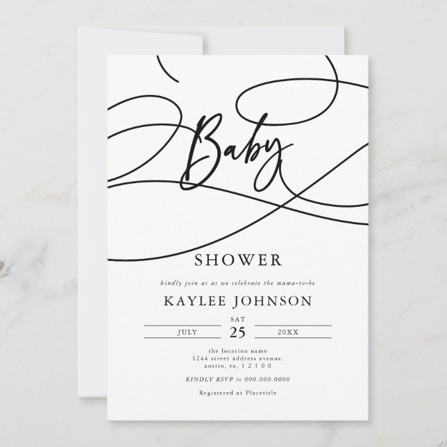 Minimalistisk Modern Fancy Script "Baby" Bebis Sho Inbjudningar (Framsida)